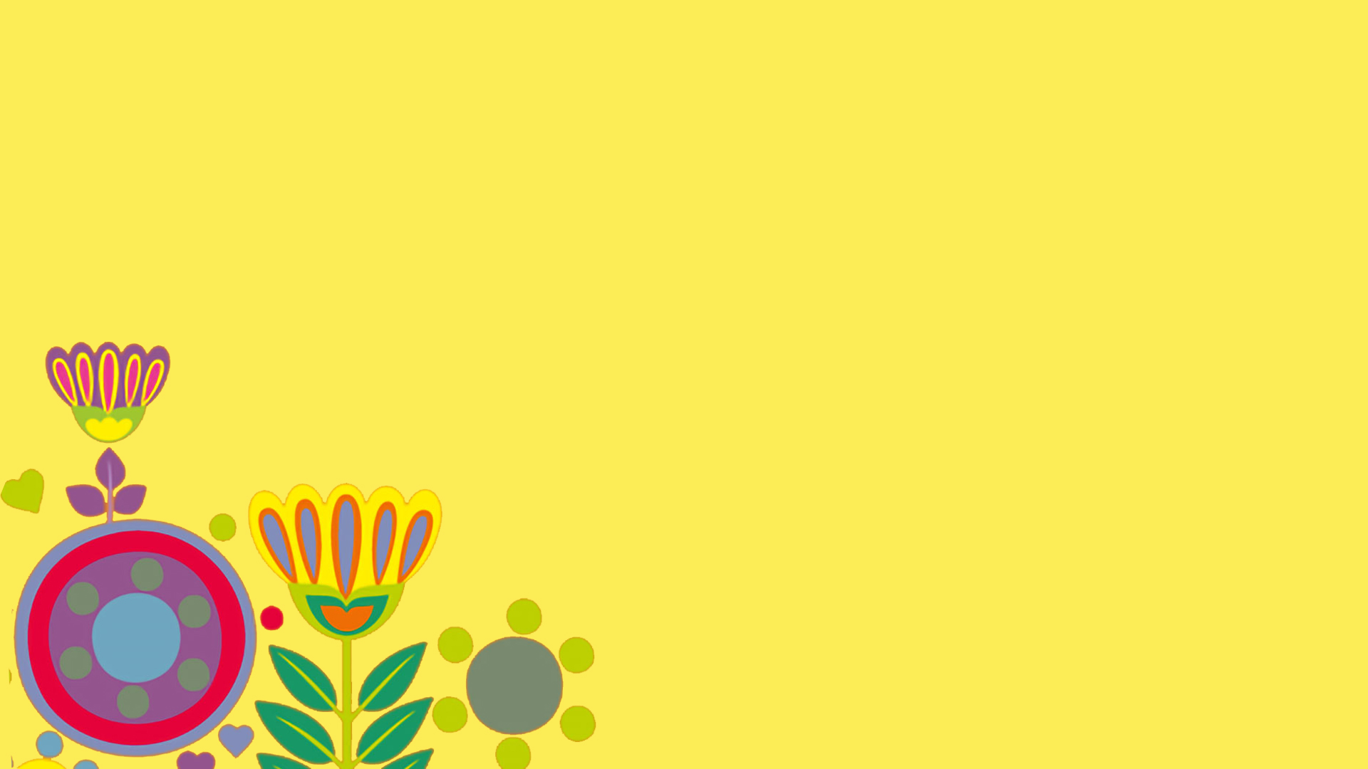 Grafiska fantasiblommor i starka färger. Gul bakgrund.