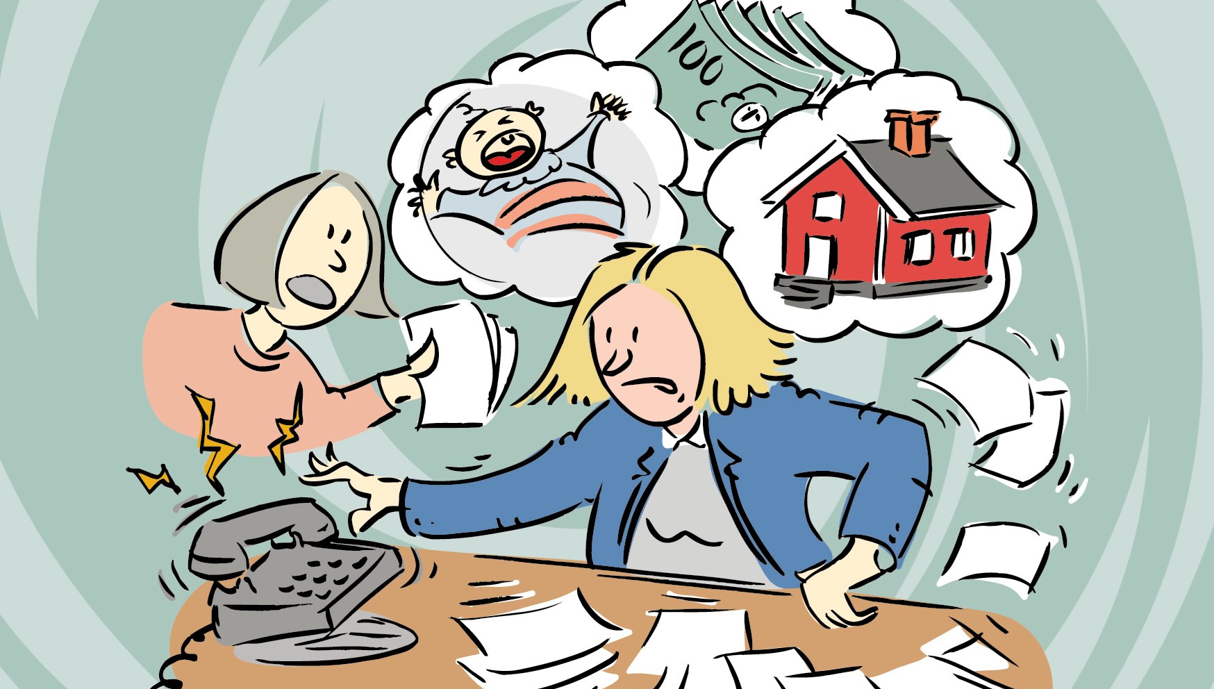 EN blonk kvinna sitter vid ett skrivbord och är stressad av saker runt omkring sig