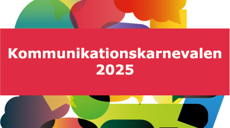 En röd banner med texten Kommunikationskarnevalen 2025 mot en bakgrund med olikfärgade bubblor