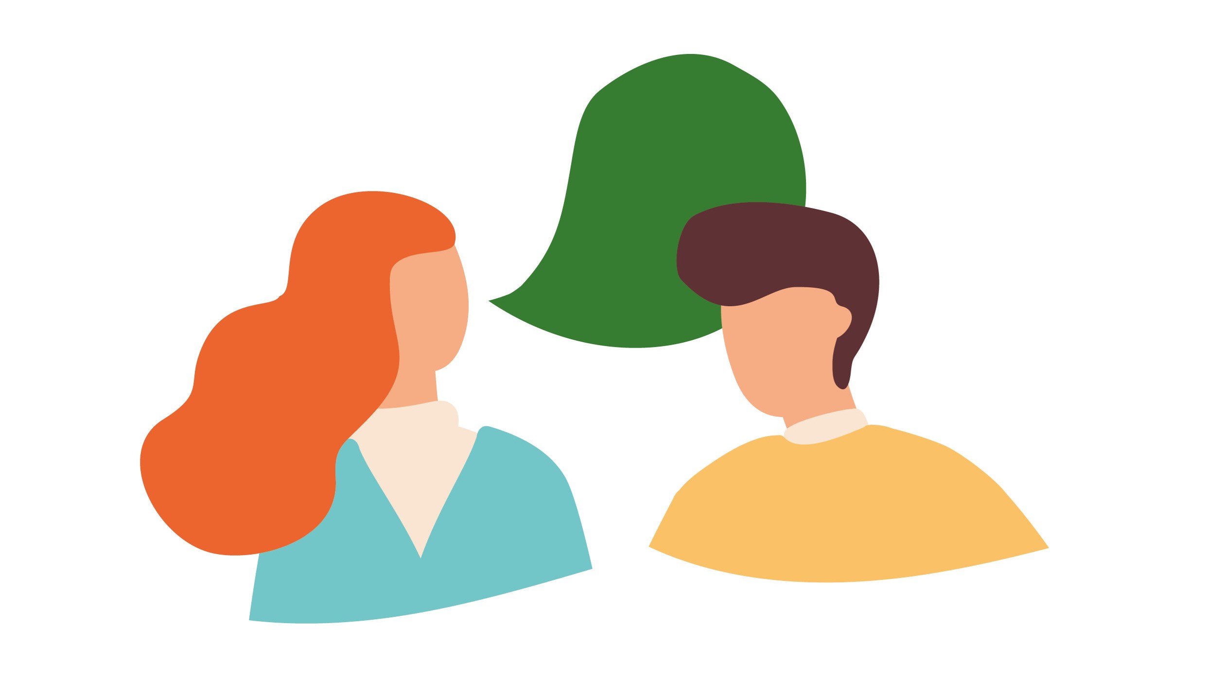 Två tecknade personer och en pratbubbla.