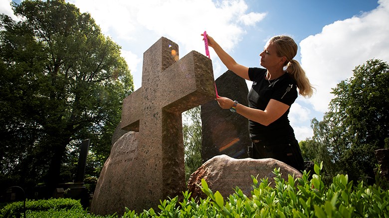 En konservator står ute i solskenet och mäter på ett grått stenkors. Omgivningen är full av lummig grönska.
