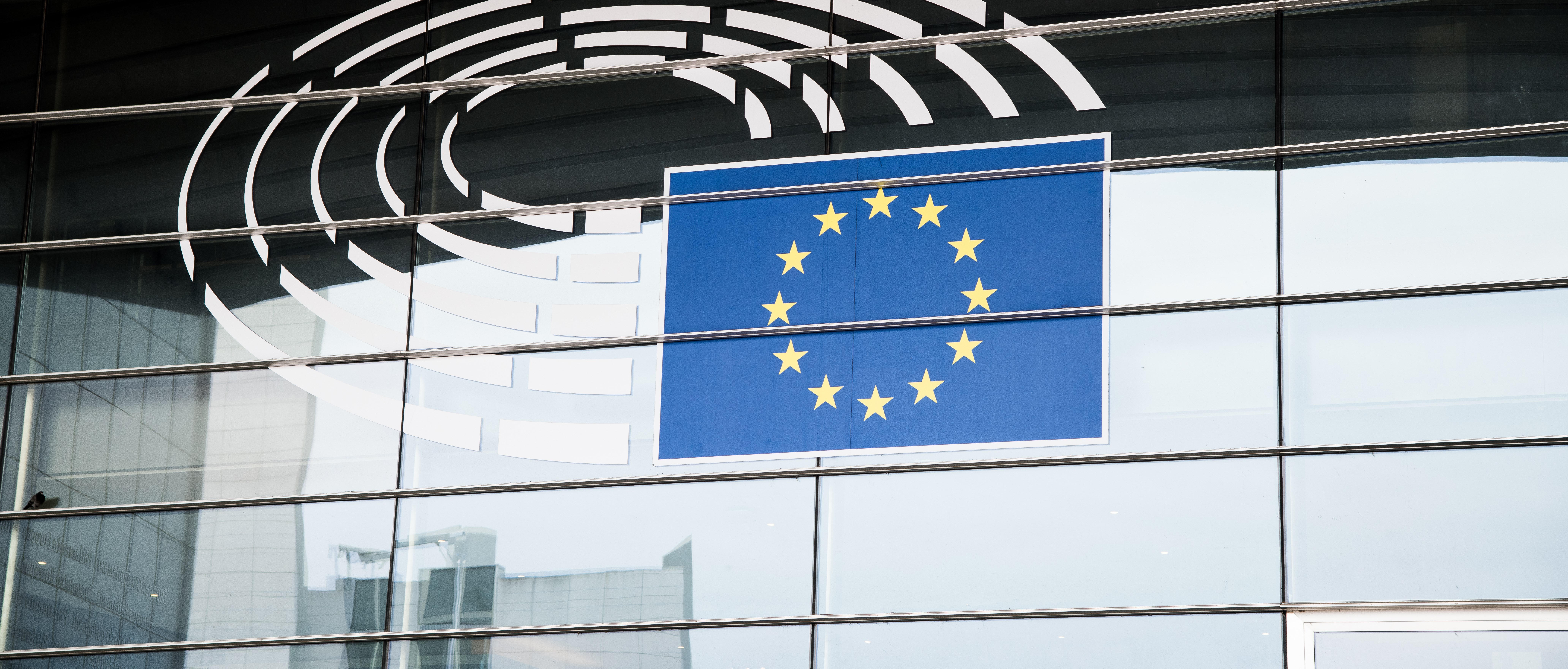 Ingång EU-byggnad med EU-flagga