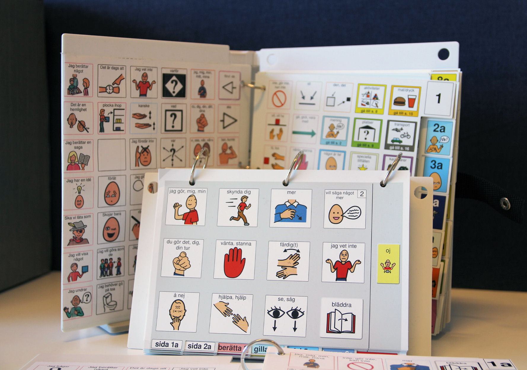 Tre uppslagna böcker med bilder att peka på