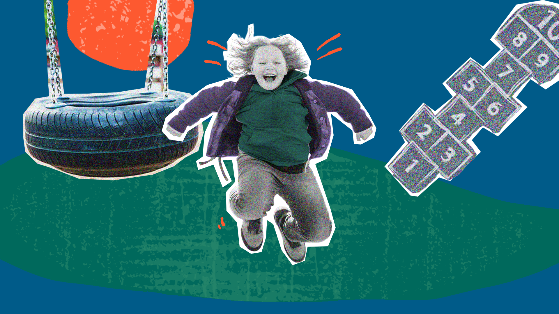 En flicka hoppar, en gunga jämte och en hoppmage ritad på marken.