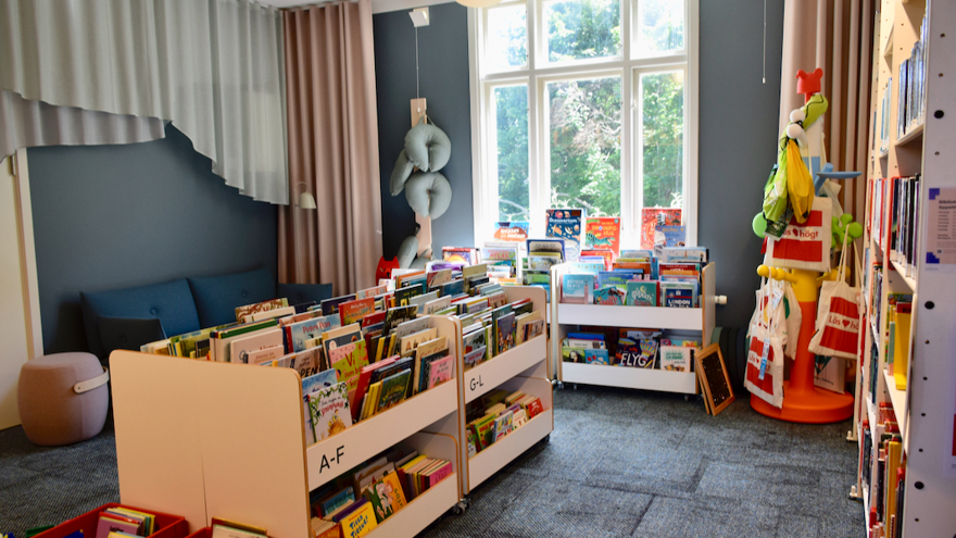 Barnavdelningen på biblioteket. Låg bokhyllor i barnhöjd står i mitten av rummet och vid fönstret. En blå soffa och en sittpuff står i ett hörn.