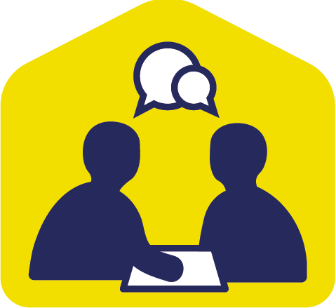 Två blå figurer mot gul bakgrund